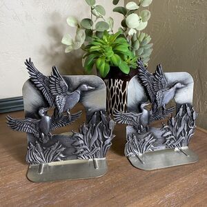 Vintage Metzke Brass Pewter Duck Bookends Mallard Cattail 1980s Wildlife Set Sig